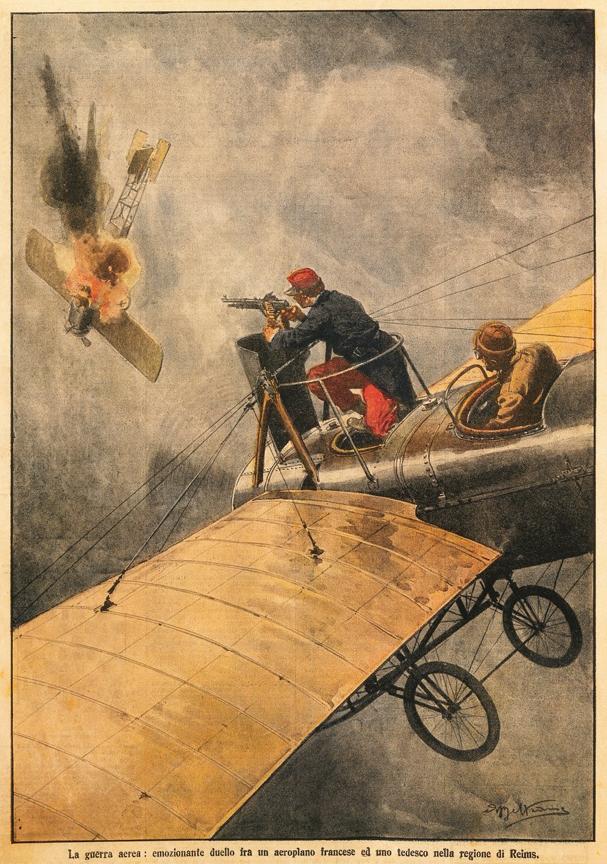 空中战争：法国飞机与德国飞机在兰斯上空的决斗，作者 Achille Beltrame（1871-1945），来自 La Domenica del Corriere，1914 年 10 月 25 日 作者 阿基里·贝尔特拉姆（Achille Beltrame）