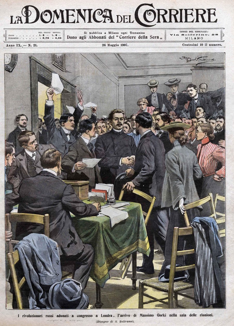 1905年俄国革命后，马克西姆-高尔基抵达伦敦大会的会议室。1907年5月26日的《La Domenica del Corriere》封面。 作者 阿基里·贝尔特拉姆（Achille Beltrame）