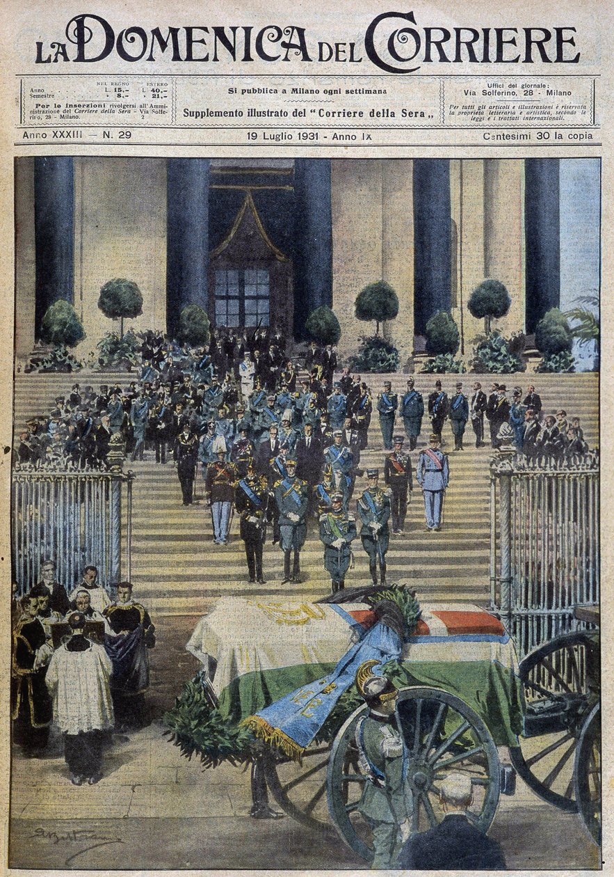 奥斯塔公爵的遗体在都灵的祝福，在送葬队伍穿过整个城市之后--1931年7月19日 "la Domenica del Corriere "的Dess.A. Beltrame 作者 阿基里·贝尔特拉姆（Achille Beltrame）