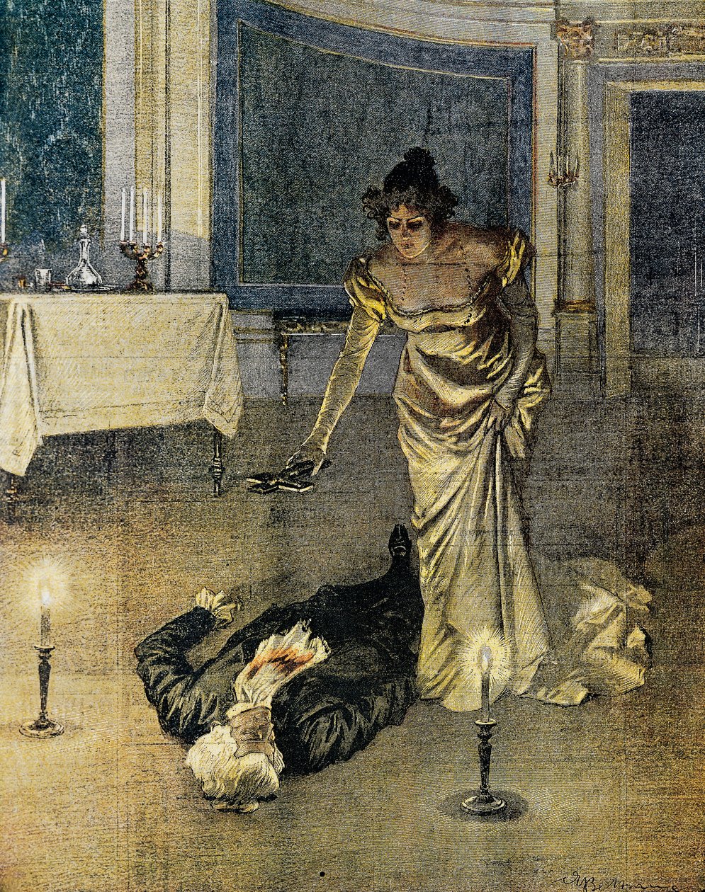贾科莫-普契尼（Giacomo Puccini）的《托斯卡》第二幕结尾处的斯卡皮亚之死，Achille Beltrame（1871-1945 年）制版，2 月 4 日 La Domenica del Corriere 杂志 作者 阿基里·贝尔特拉姆（Achille Beltrame）