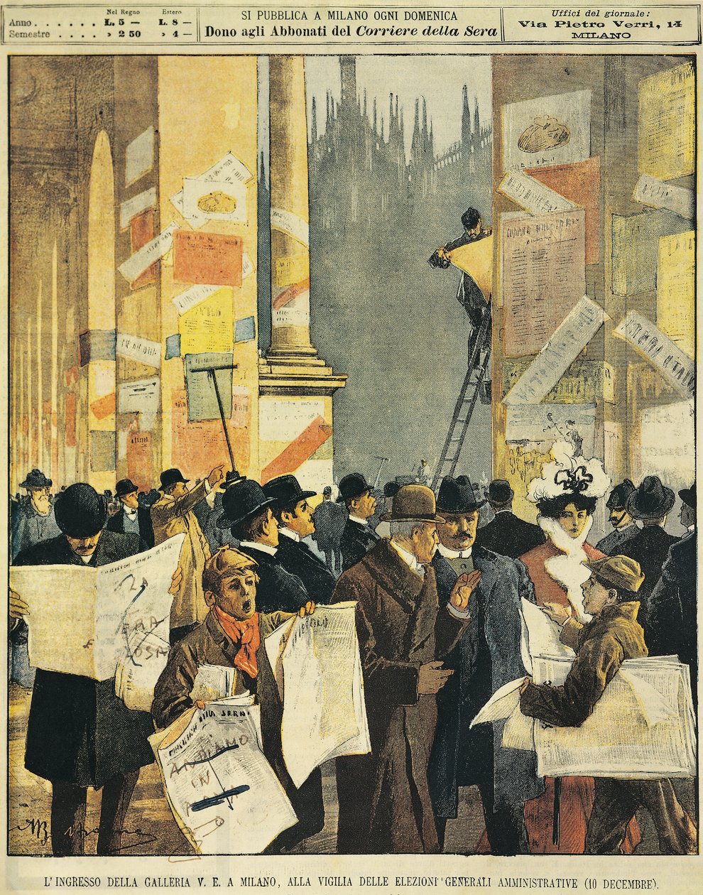 行政选举前夕，米兰维托里奥·埃马努埃莱长廊的入口，作者 Achille Beltrame（1871-1945），来自 La Domenica del Corriere 作者 阿基里·贝尔特拉姆（Achille Beltrame）
