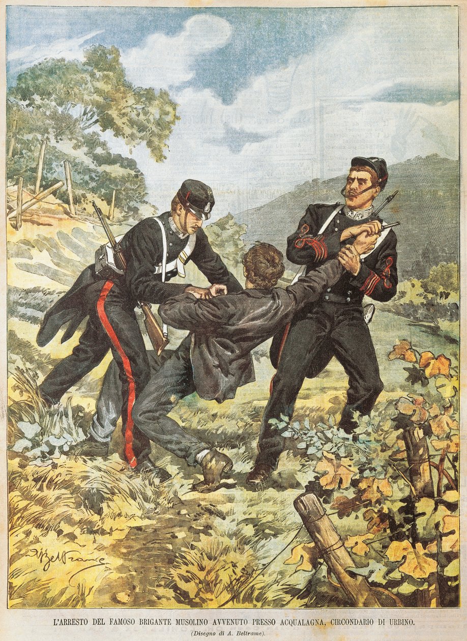 The famous brigand Musolino being arrested near Acqualagna in district of Urbino, by Achille Beltrame (1871-1945), from La Domenica del Corriere, 27th October 1901 作者 阿基里·贝尔特拉姆（Achille Beltrame）