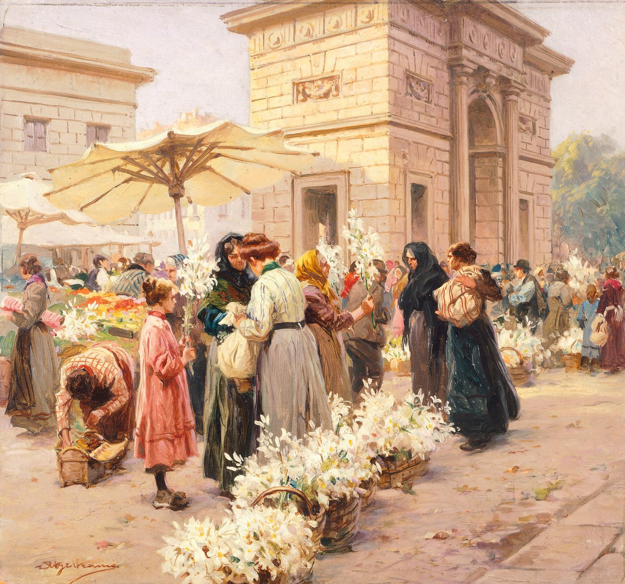 米兰加里波第港的百合花市场，作者Achille Beltrame (1871-1945)，来自La Domenica del Corriere，意大利 20世纪 作者 阿基里·贝尔特拉姆（Achille Beltrame）