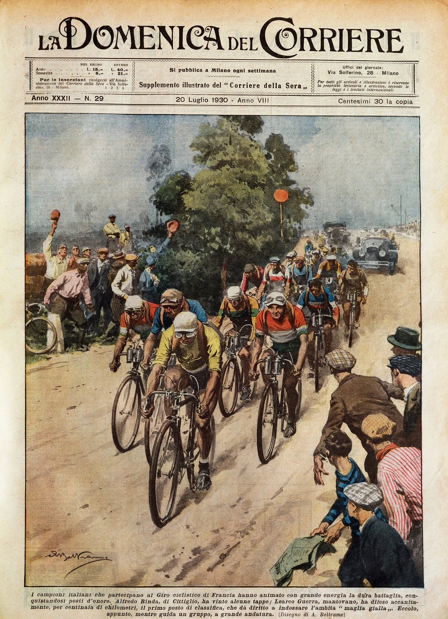 环法自行车赛，Learco Guerra (1902-1963)领先，Achille Beltrame (1871-9145)的插图来自La Domenica del Corriere，7月20日 作者 阿基里·贝尔特拉姆（Achille Beltrame）