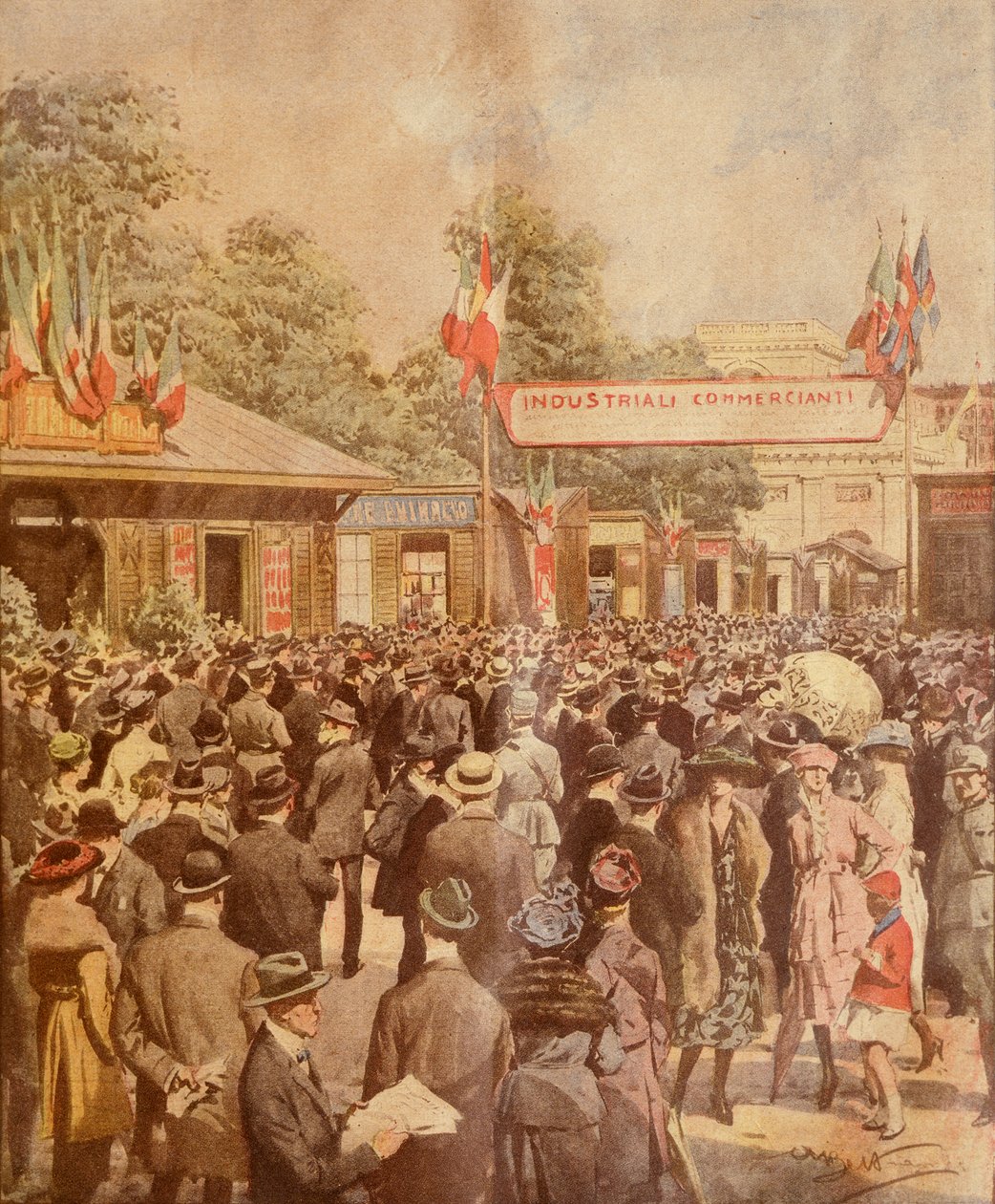 米兰贸易展览会，作者 Achille Beltrame，插图，插画家 Achille Beltrame (1871-1945)，来自 La Domenica del Corriere，1921 年 4 月 24 日 作者 阿基里·贝尔特拉姆（Achille Beltrame）