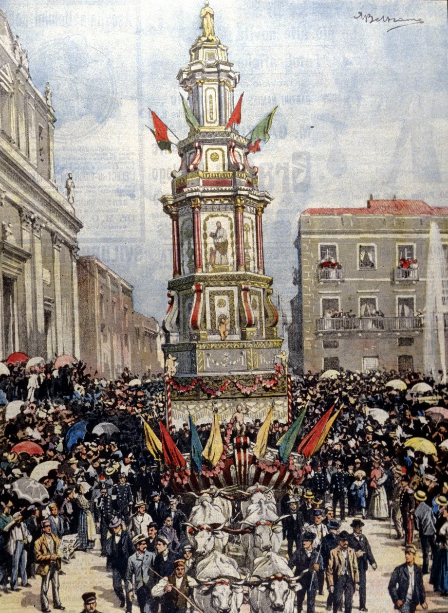西西里岛的传统节日：一辆坦克在游行中被引向Casteltermini（Girgenti）。Ill. de Beltrame.La Domenica del Corriere.1904. 作者 阿基里·贝尔特拉姆（Achille Beltrame）