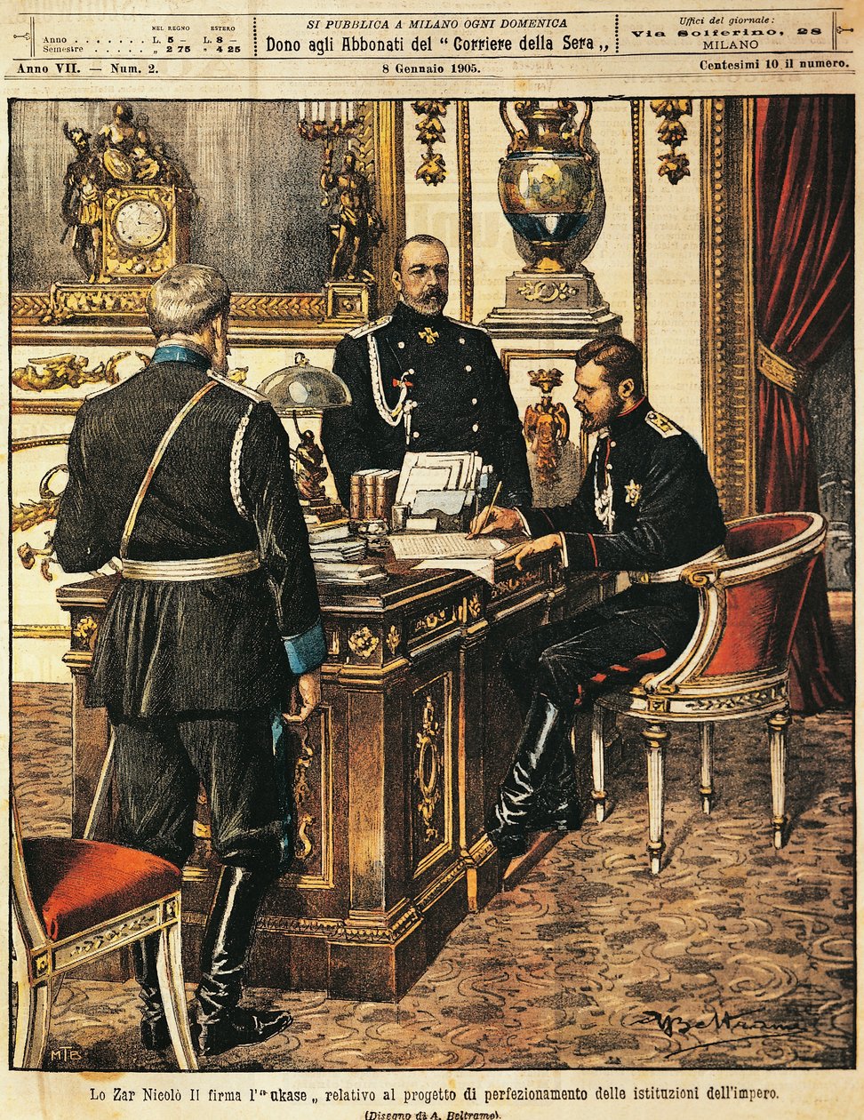 1905 年 1 月 8 日，Achille Beltrame（1871-1945）在 La Domenica del Corriere 签署了沙皇尼古拉斯二世的体制改革计划 作者 阿基里·贝尔特拉姆（Achille Beltrame）
