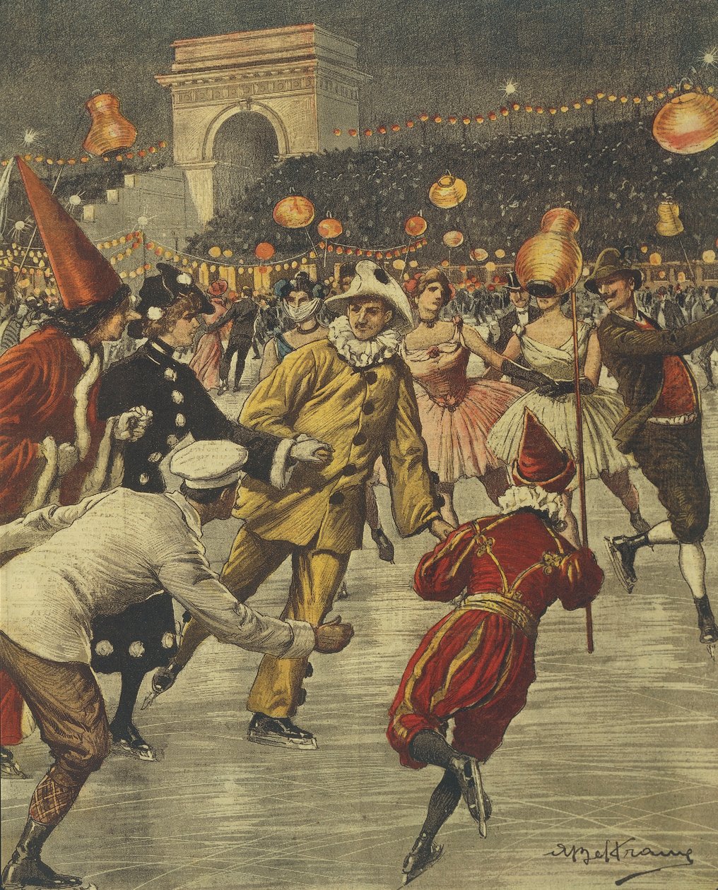米兰阿伦的冰上典型服装派对，作者是Achille Beltrame，插图，插图作者Achille Beltrame（1871-1945），来自La Domenica del Corriere。 作者 阿基里·贝尔特拉姆（Achille Beltrame）