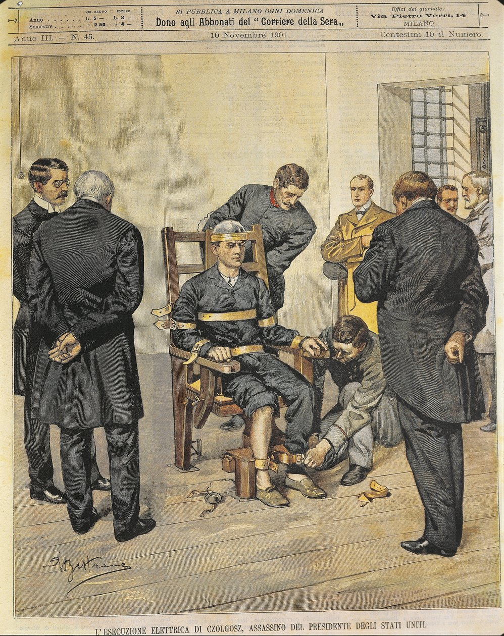 美国，20世纪，1901年10月29日对谋杀美国总统麦金利的凶手乔尔戈斯的电椅处决（来自杂志封面的作品）。 作者 阿基里·贝尔特拉姆（Achille Beltrame）