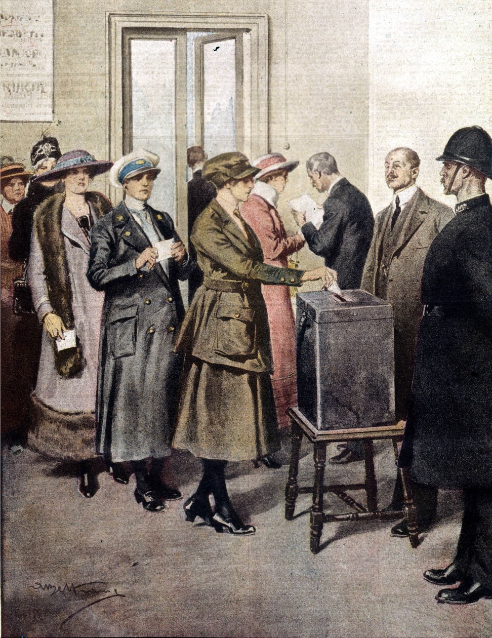 妇女首次在英国投票。1919.A. Beltrame的插图。La Domenica del Corriere. 作者 阿基里·贝尔特拉姆（Achille Beltrame）