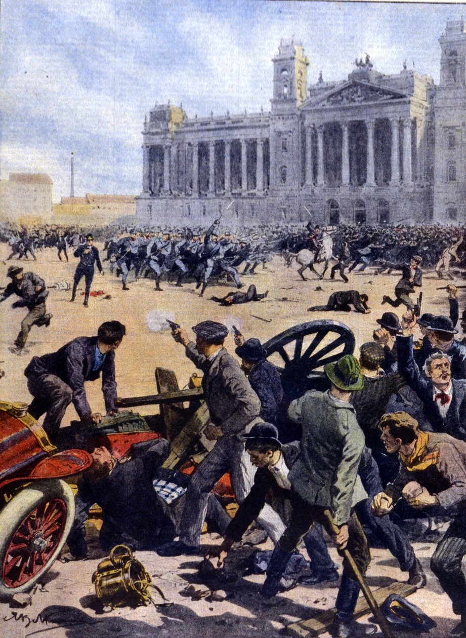 1912年布达佩斯的工人起义，要求普选。 作者 阿基里·贝尔特拉姆（Achille Beltrame）