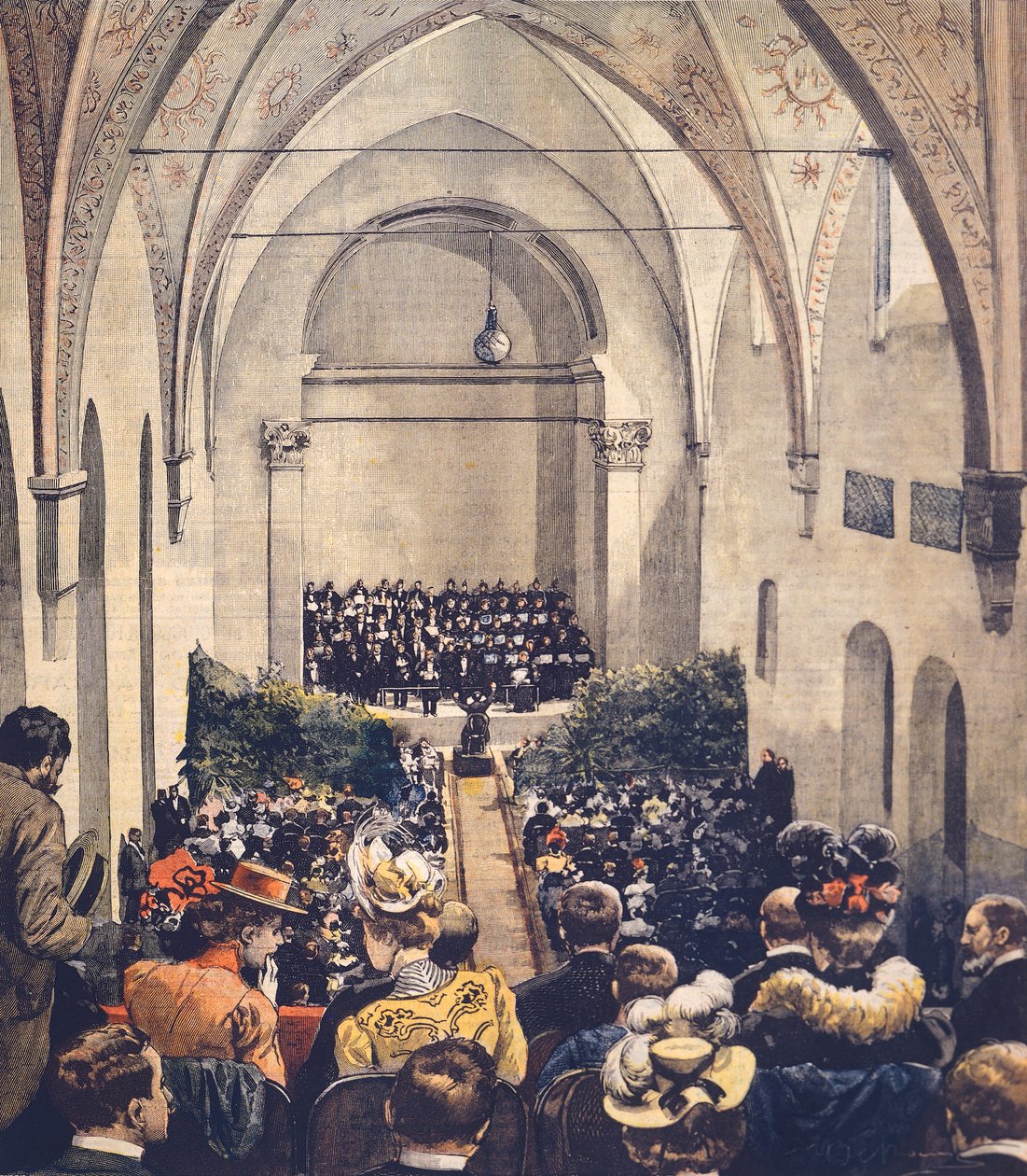 米兰佩罗西音乐厅的仪式，作者是 Achille Beltrame（1871-1945），封面插图来自 La Domenica del Corriere，1900 年 5 月 6 日。 作者 阿基里·贝尔特拉姆（Achille Beltrame）