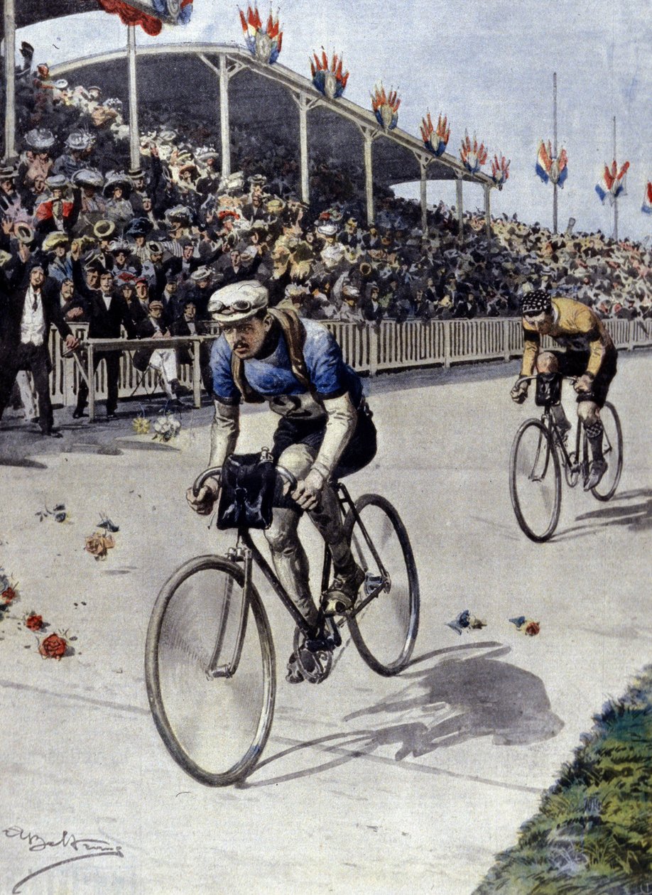 单车手Peer Breton 1908年环法自行车赛冠军。Achille Beltrame的插图。 作者 阿基里·贝尔特拉姆（Achille Beltrame）