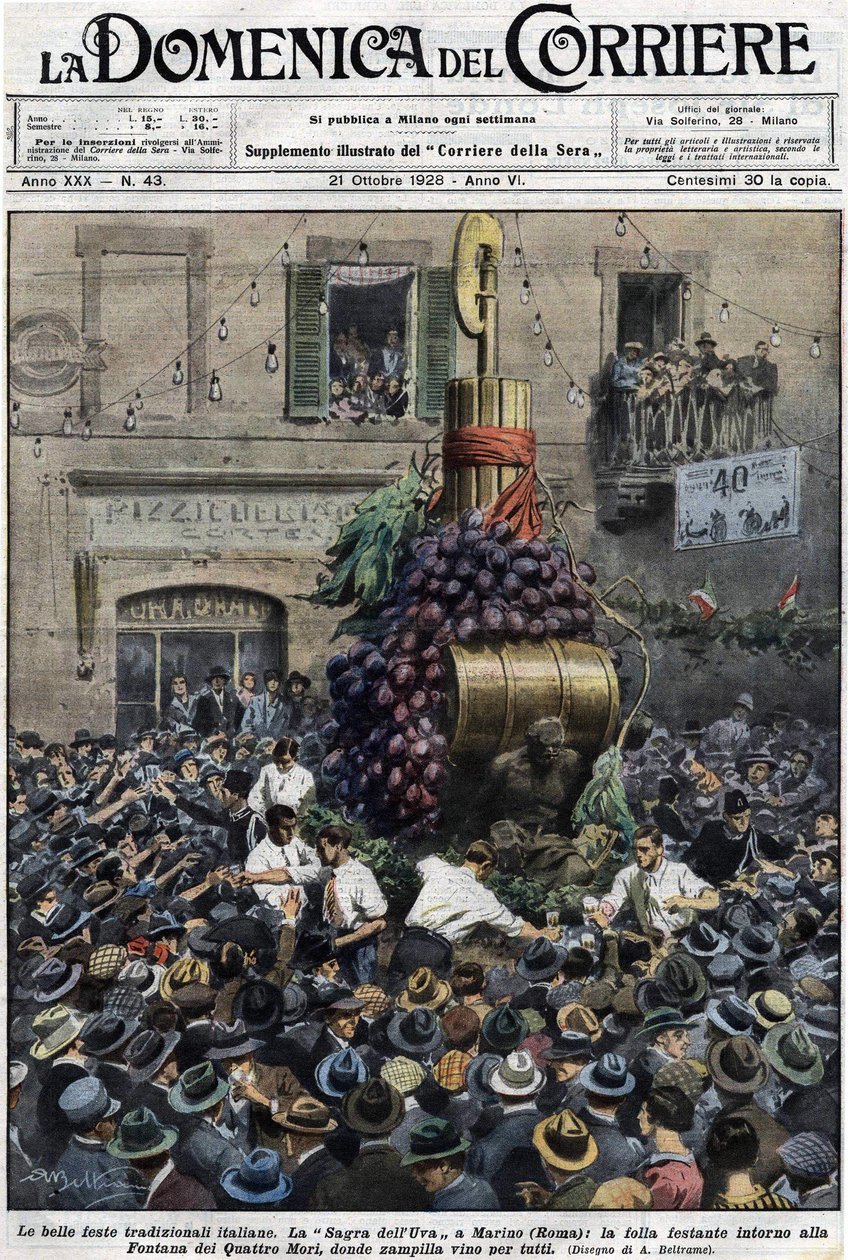 在罗马附近的Marino葡萄园里，葡萄酒被从城市的喷泉中带出来。 1928年10月21日的 "Domenica del Corriere "的封面。插图：Achille Beltrame 作者 阿基里·贝尔特拉姆（Achille Beltrame）