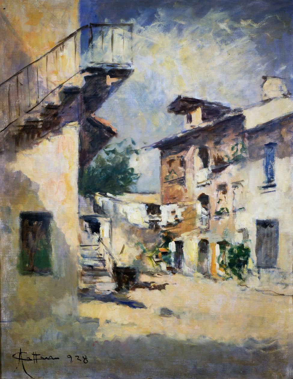 质朴庭院的内部，作者：Achille Cattaneo（1872-1931）。 意大利，20世纪。 作者 阿基里·卡塔尼奥（Achille Cattaneo）