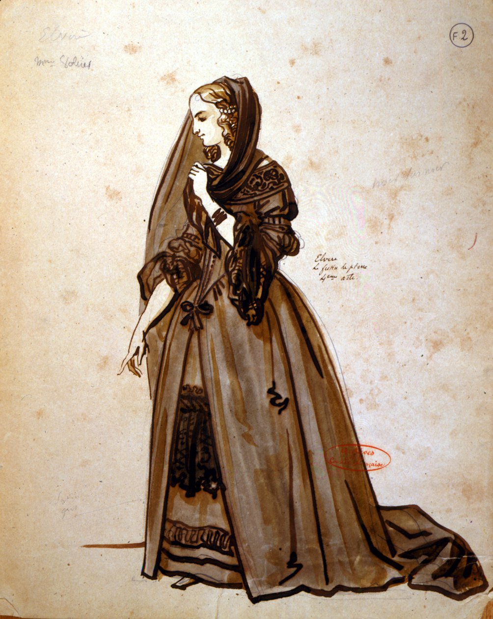Dona Elvire在1847年由Moliere（1622-73）在Comedie Francaise（笔和墨水纸上）制作&39;Don Juan&39;的角色设计服装 作者 阿基尔·德维里亚