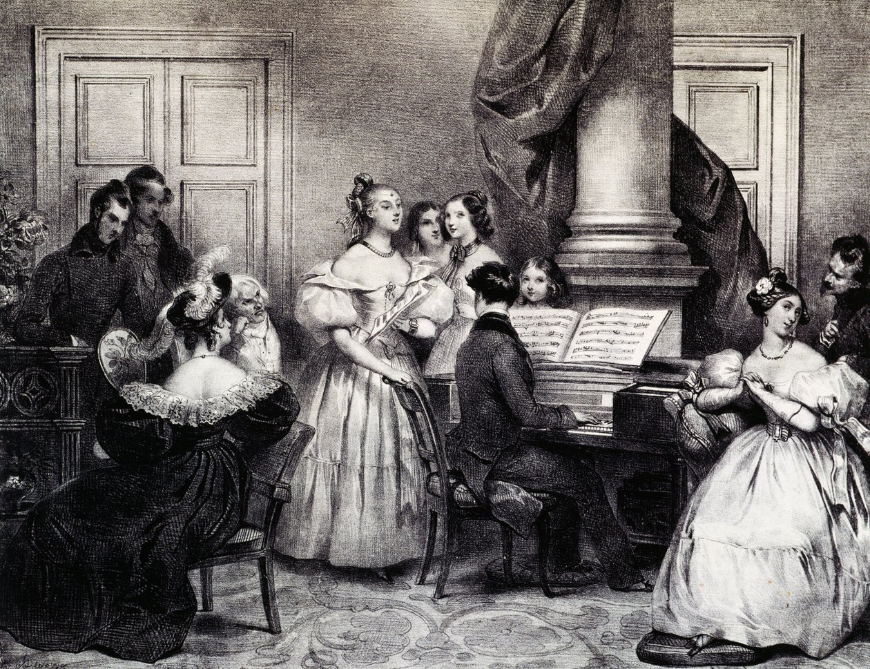 家庭钢琴音乐会，作者：Achille Deveria（1800-1857），雕刻，法国 作者 阿基尔·德维里亚