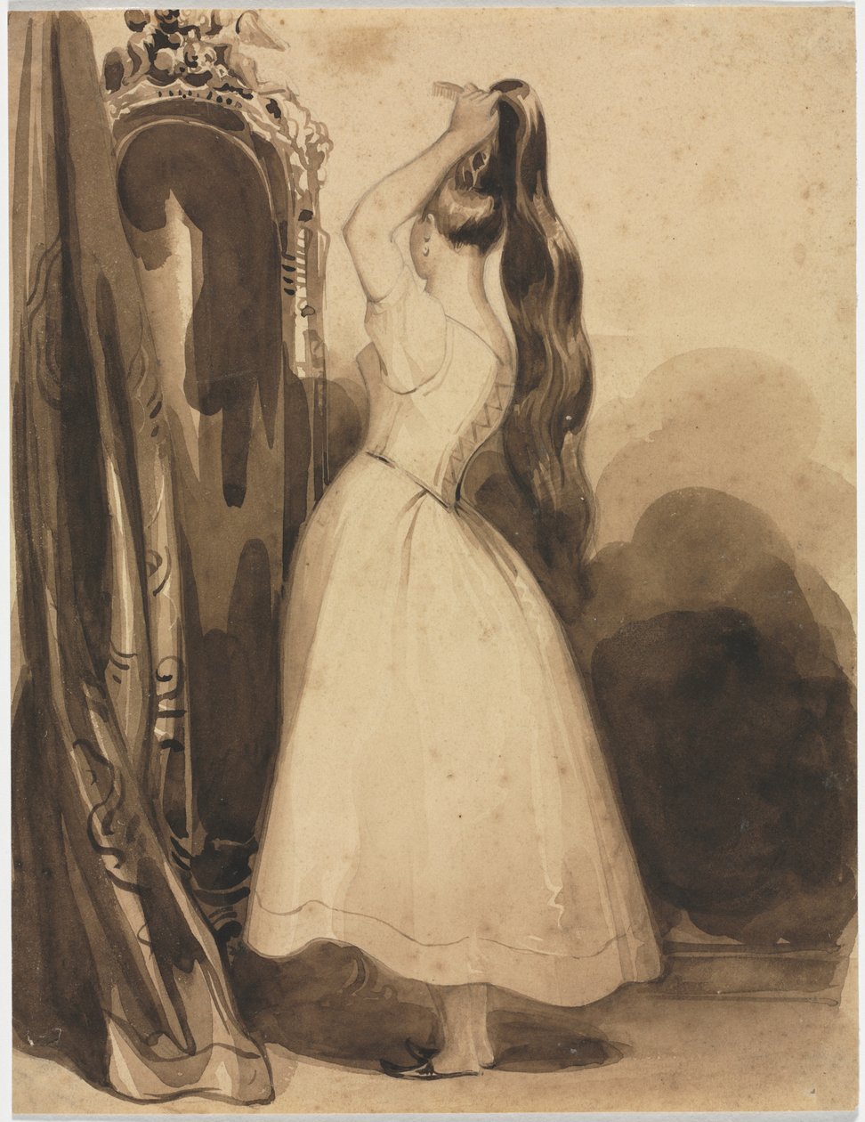 1857年之前的1800年代，梳头的年轻女子。 作者 阿基尔·德维里亚