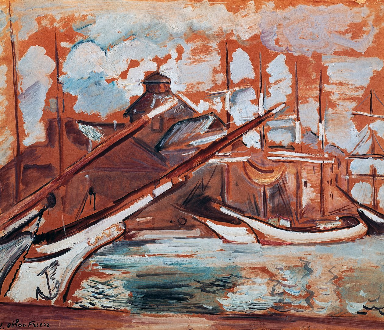 海港场景，作者 Othon Friesz（1879-1949 年），纸板油画，54x65 厘米。法国，20 世纪。 作者 阿喀琉斯·埃米尔·奥顿·弗里斯