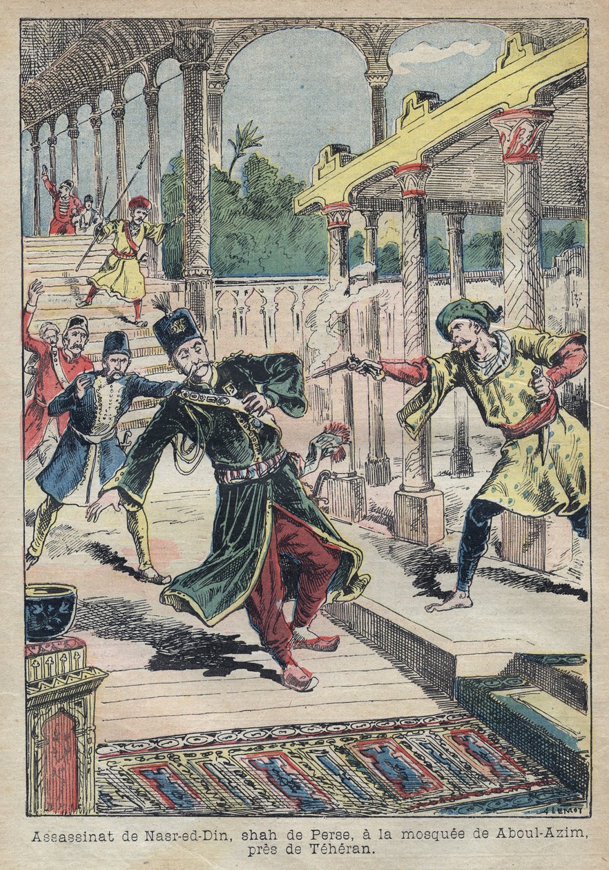 1896年波斯（伊朗）国王纳赛尔-艾丁（1831-1896）遇刺（又称纳赛尔丁-沙阿、纳赛尔-艾丁-沙阿-卡贾尔、纳赛尔-艾丁-沙阿-卡贾尔、纳西鲁丁-沙阿）--1896年阿奇尔-莱莫为《勒-佩兰》所作的插图--遇刺。 作者 阿基里·莱莫特（Achille Lemot）
