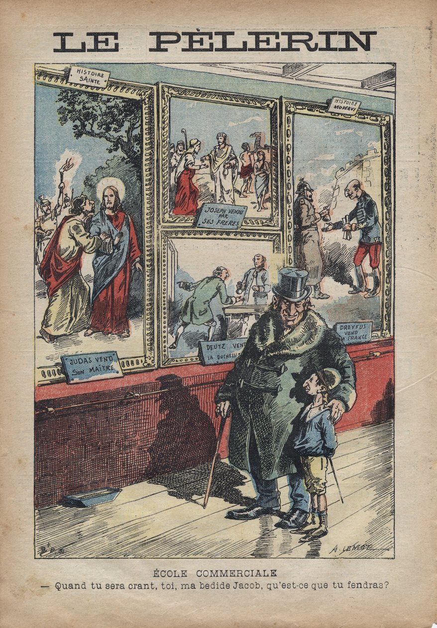 Achille Lemot为1896年9月的 "Le-Pelerin "创作的反犹太主义漫画--商业学校：当你成为一个摇篮时，你我的床边雅各布，你会分到什么？ 作者 阿基里·莱莫特（Achille Lemot）