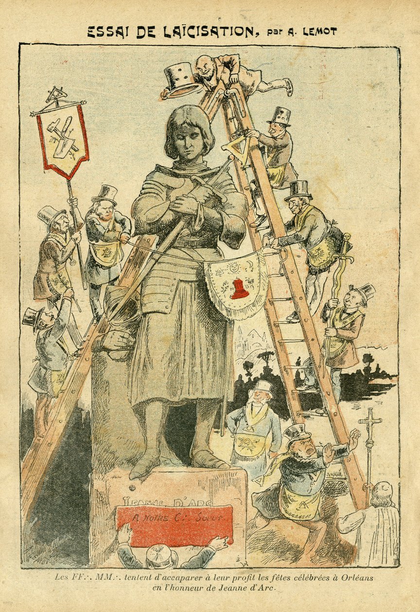 Achille Lemot（1846-1909）在Le Pelerin的插图，07年5月5日 - Essai de laicisation - Antimaconism Freemaking, Religion Faith, Catholic Catholicism - Laicisation Laicite Laiques - Joan of Arc - Change of scale 作者 阿基里·莱莫特（Achille Lemot）