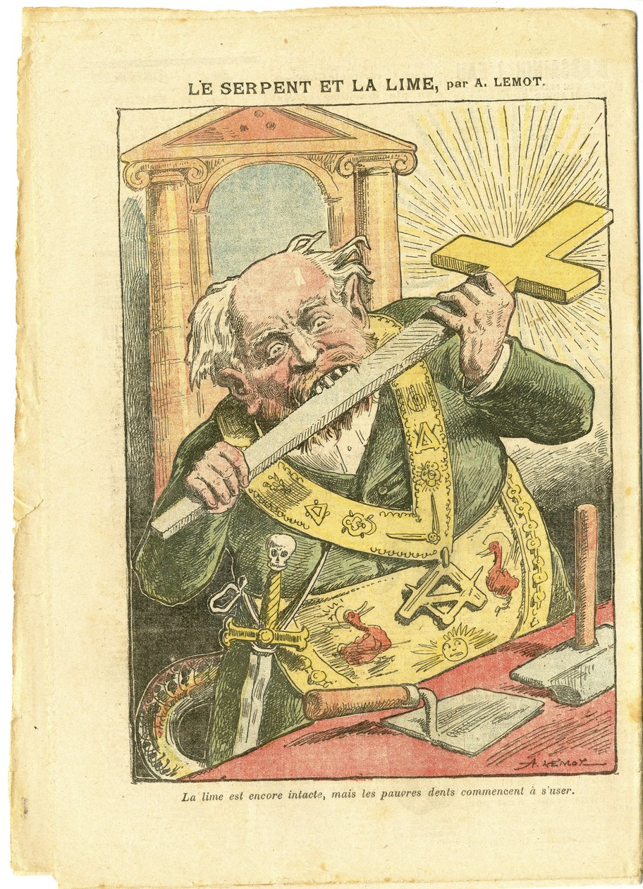 Achille Lemot (1846-1909)在Le Pelerin的插图，23/05/09 - 蛇和石灰 - 反执政自由主义，宗教信仰，基督教十字架，寓言故事La Fontaine和其他人，天主教天主教 - Laicisation Laicite Laiques - 蛇 - 动物化 作者 阿基里·莱莫特（Achille Lemot）