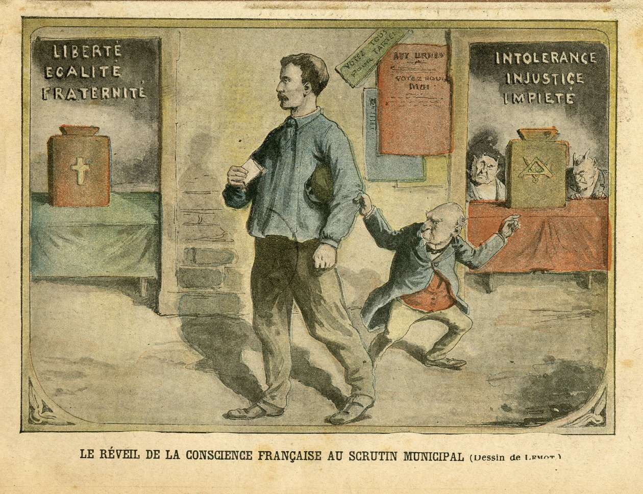2004年5月1日Le Pelerin上的Achille Lemot（1846-1909）插图 - Le awakening de la conscience francaise au vote municipal - Elections, Religion Faith, Bloc des lefts, Catholicism Catholique - Laicisation Laicite Lois laiques - Combes Emile（1835-1921）。 作者 阿基里·莱莫特（Achille Lemot）