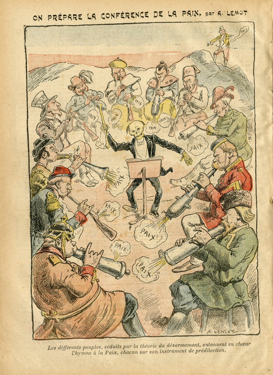 Achille Lemot (1846-1909)在Le Pelerin的插图，07年2月3日 - 筹备和平会议 - 俄罗斯，德国普鲁士，亚洲，音乐，美国美国，英国大不列颠，东方，欧洲，意大利，中国，大炮，炮弹，和平，舞蹈，法国，裁军 作者 阿基里·莱莫特（Achille Lemot）