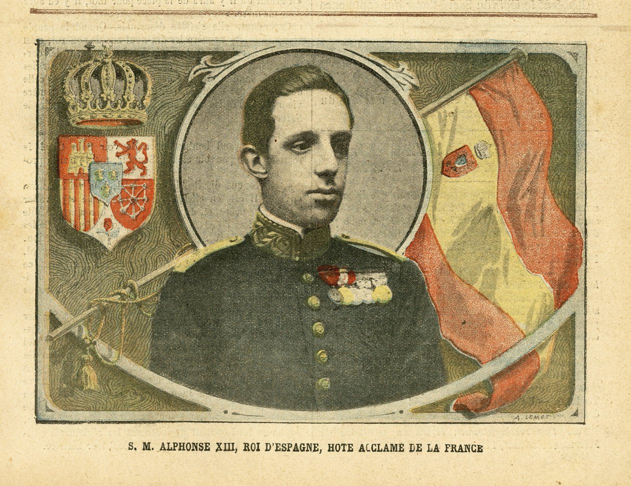Achille Lemot（1846-1909）在Le Pelerin的插图，04/06/05 - 西班牙国王阿方索十三世陛下，法国的Hote Acclame - 西班牙，君主制，旗帜，外国君主 - 阿方索十三世 作者 阿基里·莱莫特（Achille Lemot）