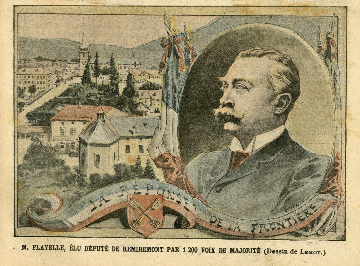 2004年2月7日Le Pelerin上的Achille Lemot（1846-1909）插图 - Flayelle先生以1200张多数票当选为雷米雷蒙议员 - 选举, 阿尔萨斯-洛林, Chambre des deputes Hemicycle, Patriotisme, Frontières, Remiremont, Vosges - Depute, Flayelle 作者 阿基里·莱莫特（Achille Lemot）