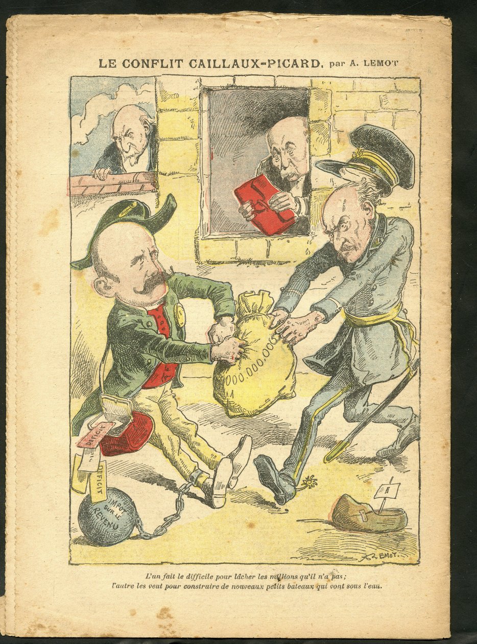 Le Pelerin中Achille Lemot（1846-1909）的插图，09年3月7日 - Caillaux-Picard的冲突 - 税收，所得税 - Combes Emile（1835-1921）, Clemenceau George, Caillaux Joseph（1863-1944）。 作者 阿基里·莱莫特（Achille Lemot）