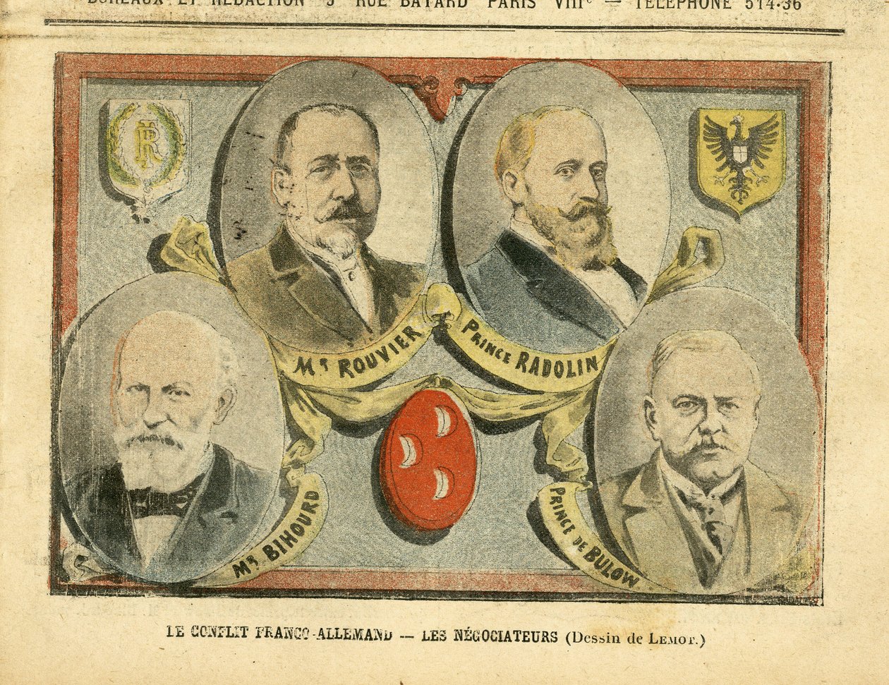 Le Pelerin杂志中Achille Lemot（1846-1909）的插图，09/07/05 - 法德冲突，谈判者 - 殖民化 殖民主义 殖民地，德国 普鲁士，摩洛哥，法国，丹吉尔 - Rouvier Maurice（1842-1911）, Bulow Bernhard von（1849-1929）, Rad 作者 阿基里·莱莫特（Achille Lemot）