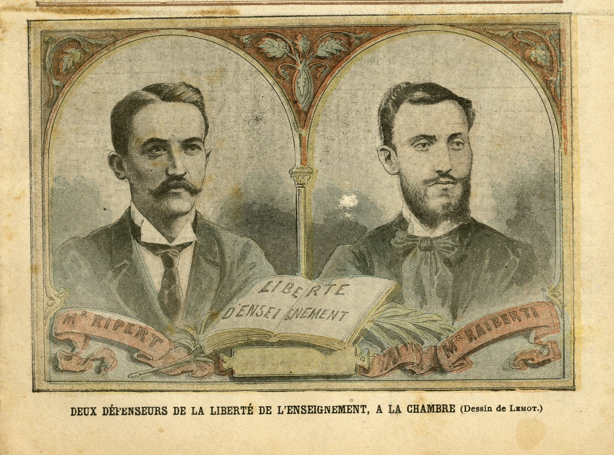 2004年3月20日《Le Pelerin》中的Achille Lemot（1846-1909）插图--两位教育自由的捍卫者--教学、宗教信仰、天主教--教育自由--Ripert Jean-Baptiste（1870-1958）, Raiberti Flaminus（1862-1929）。 作者 阿基里·莱莫特（Achille Lemot）