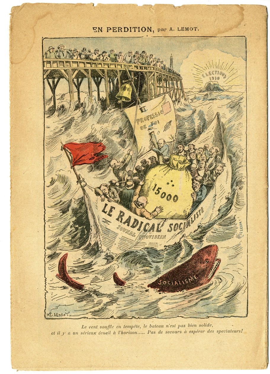 Achille Lemot (1846-1909)在Le Pelerin的插图，20/06/09 - In perdition - Radicalism, Elections, Antimaconism Freemaking, Maritime Marine Seaside, Fifteen thousand, Parliamentary indemnities, Radical and Radical Socialist Party - Fish, Shark - Ani 作者 阿基里·莱莫特（Achille Lemot）