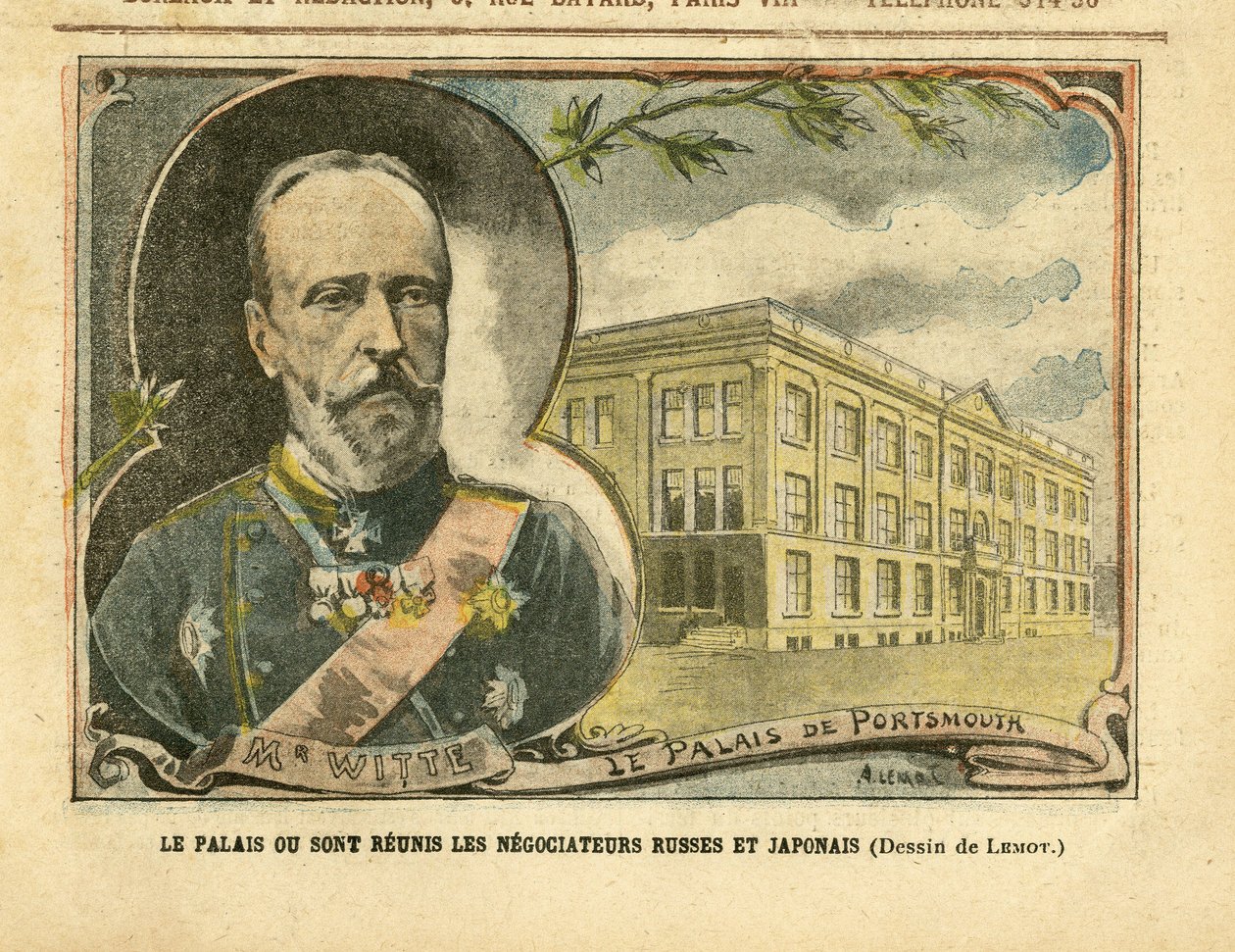 Le Pelerin中Achille Lemot (1846-1909)的插图，20/08/05 - 俄国和日本谈判者重聚的宫殿 - 俄国, 日本, 日俄战争, 朴茨茅斯 - Witte Serge (1849-1915) 作者 阿基里·莱莫特（Achille Lemot）