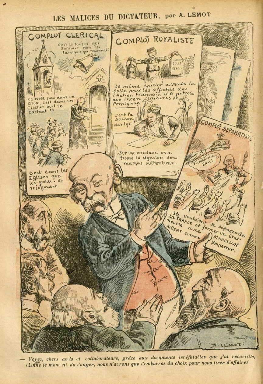 Le Pelerin杂志上的Achille Lemot（1846-1909）插图，21/07/07 - 独裁者的恶行 教士的阴谋 保皇主义的阴谋 分离主义的阴谋 - 保皇主义，宗教信仰，左翼集团，天主教的天主教 - 克莱蒙梭乔治 作者 阿基里·莱莫特（Achille Lemot）