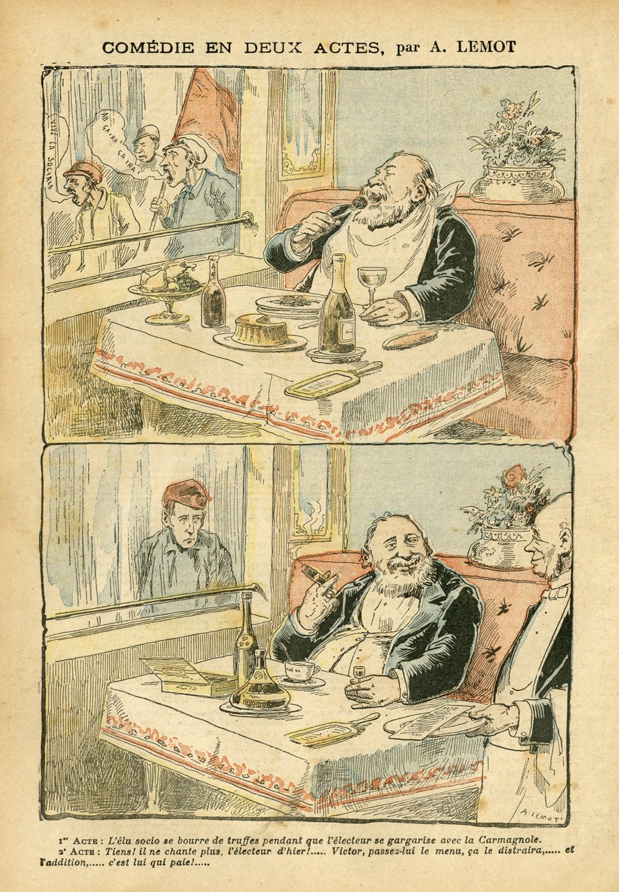 2004年5月22日《Le Pelerin》杂志上的Achille Lemot（1846-1909）的插图--两幕喜剧--餐厅咖啡，烹饪美食，社会主义--咖啡男孩，松露--脂肪/瘦肉 作者 阿基里·莱莫特（Achille Lemot）