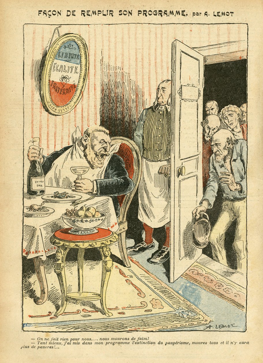 2005年7月23日《Le Pelerin》中Achille Lemot（1846-1909）的插图--如何实现他的计划--社会、Misere、美食厨师、社会主义--Jaures Jean、Depute、Homemans--食物隐喻、反对派/联合体 作者 阿基里·莱莫特（Achille Lemot）