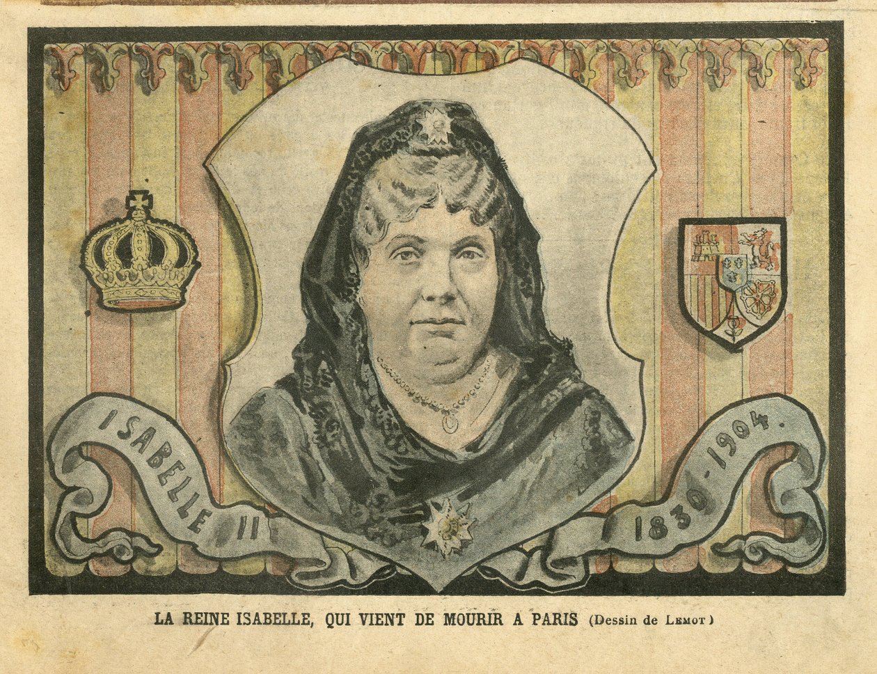 Achille Lemot（1846-1909）在Le Pelerin的插图，24/04/04 - 刚刚在巴黎去世的伊莎贝尔女王 - 巴黎，西班牙，君主制，外国君主 - 西班牙的伊莎贝拉二世（1830-1904）。 作者 阿基里·莱莫特（Achille Lemot）