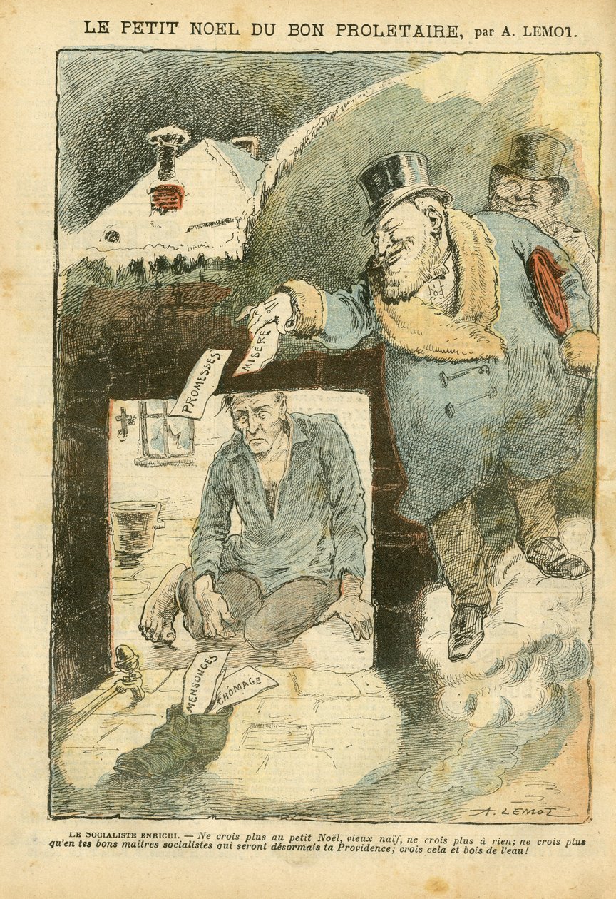 2004年12月25日《Le Pelerin》中的Achille Lemot（1846-1909）插图--善良的无产者的圣诞节--选举，Misere，冬天，富人的生活，社会主义--工人，悲惨的，贫穷的，SDF--反对/协会 作者 阿基里·莱莫特（Achille Lemot）