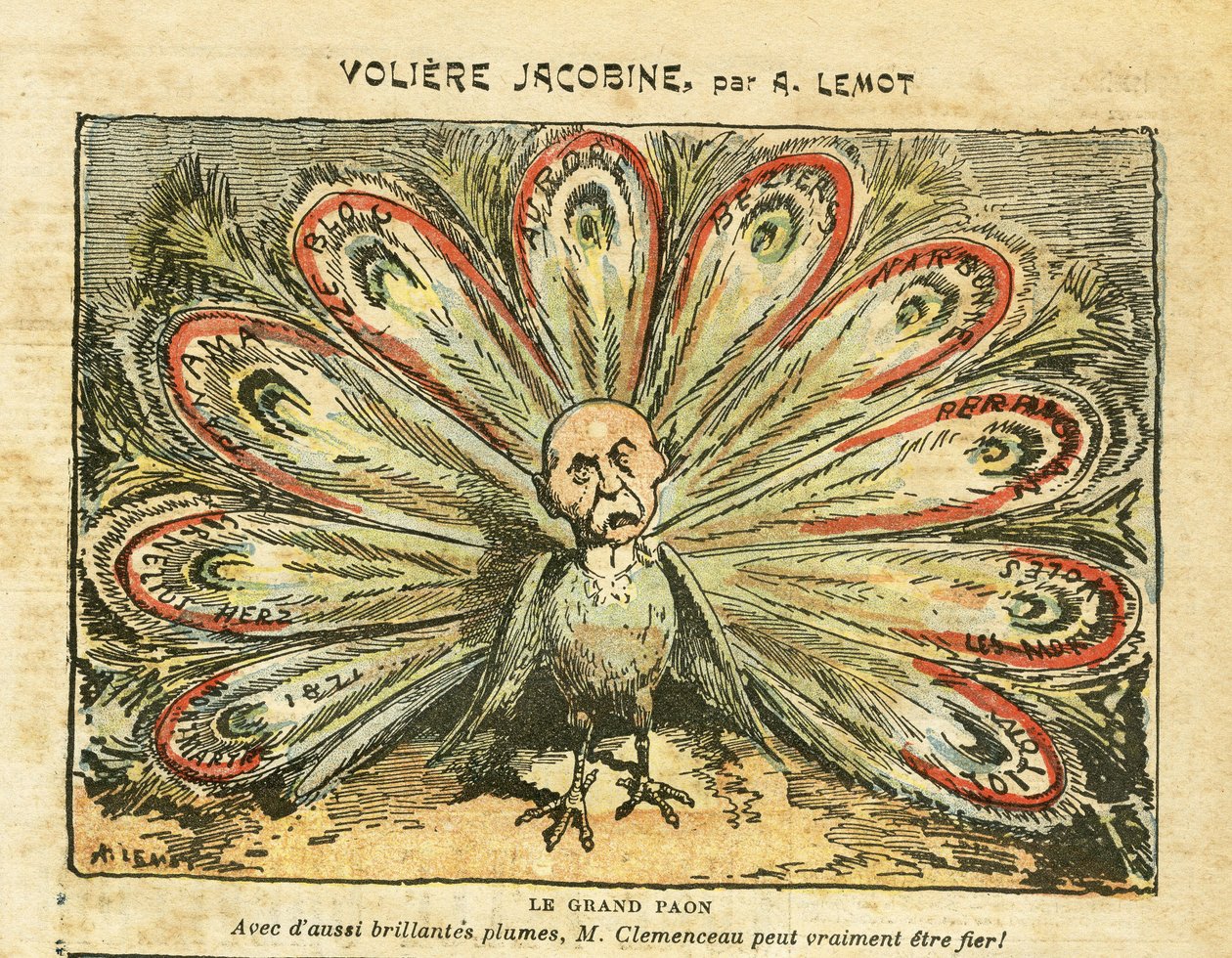 2008年1月26日《Le Pelerin》中Achille Lemot（1846-1909）的插图 - Voliere jacobine - Bloc des lefts, Wine crisis Revolte des vignerons, Narbonne, Beziers, Aurore（日记） - Clemenceau George, Peacock, - Animation 作者 阿基里·莱莫特（Achille Lemot）