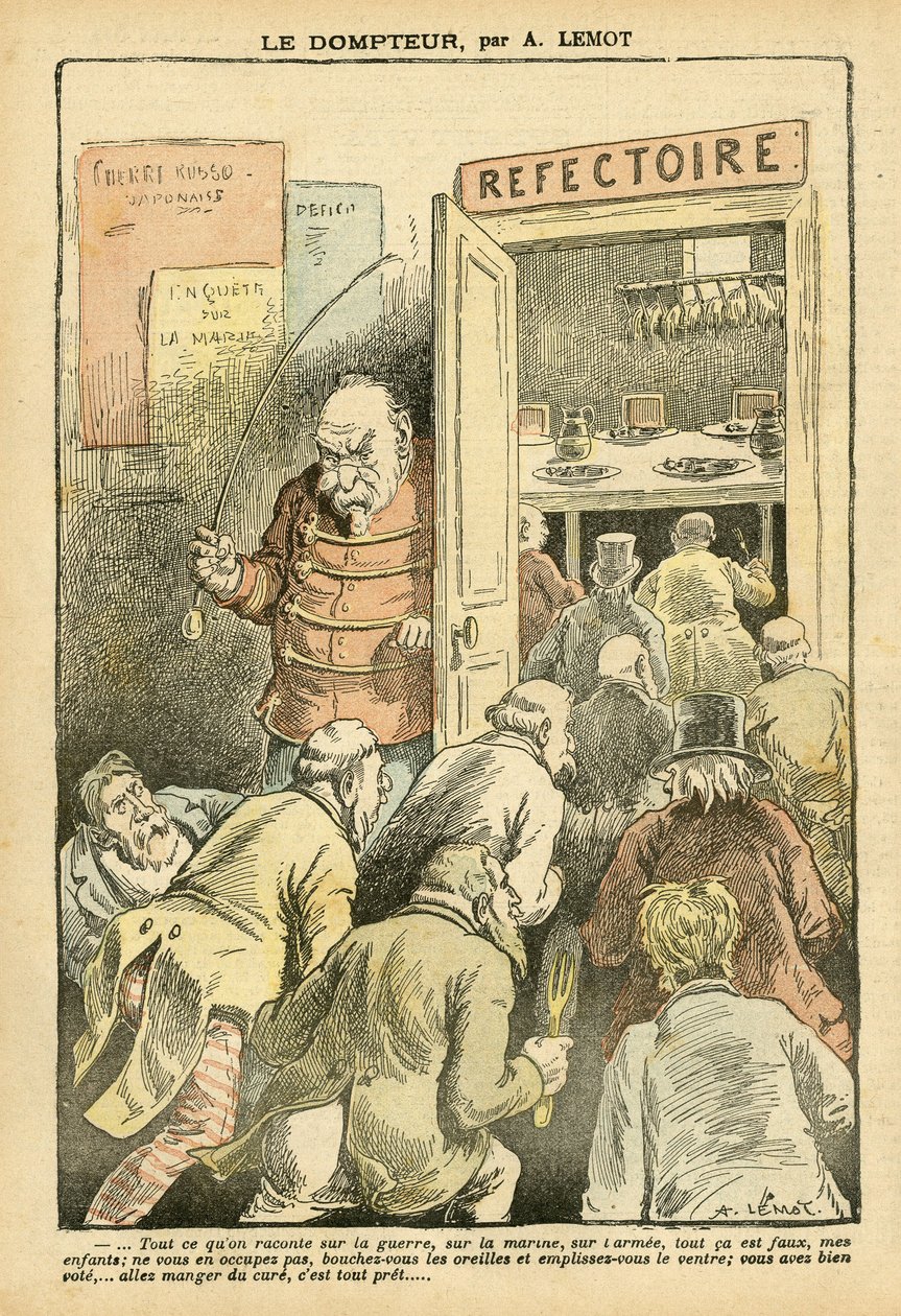2004年3月27日《Le Pelerin》中Achille Lemot（1846-1909）的插图--驯兽师--餐厅咖啡，美食厨师--Combes Emile（1835-1921），驯兽师--食物隐喻。 作者 阿基里·莱莫特（Achille Lemot）