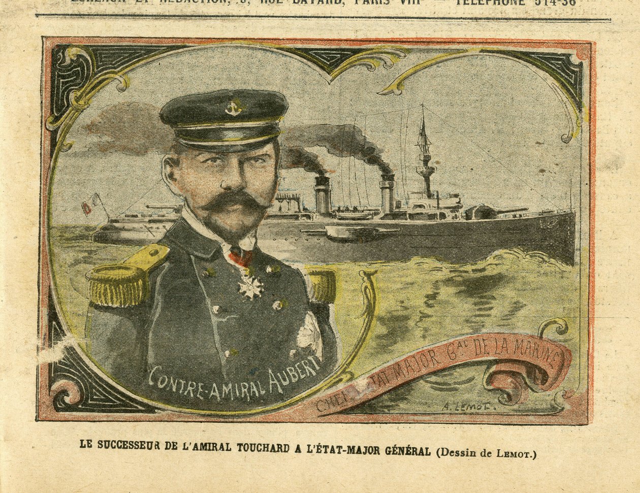 Achille Lemot (1846-1909)在Le Pelerin的插图，27/08/05 - Touchard上将在总参谋部的继任者 - Armee, Marine Marine Balneaire, Staff, Warships - Admiral上将, Aubert Marie Jacques Charles (1848-1915), Touchard Philippe (18 作者 阿基里·莱莫特（Achille Lemot）