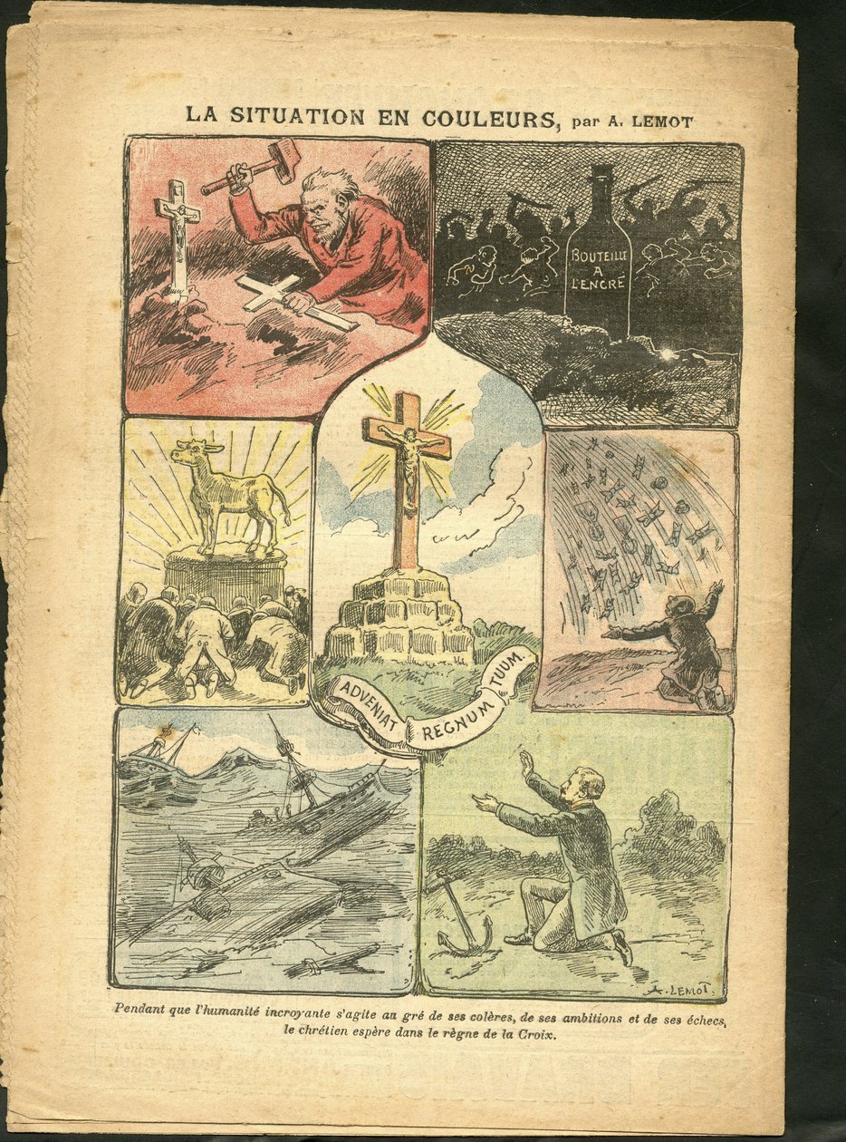 在Le Pelerin的Achille Lemot（1846-1909）的插图，28/02/09 - 彩色的情况 - 宗教信仰, 海上海洋海滨, 无神论, 事故灾难, 自然灾害, 基督教十字架, 天主教会 - 金牛座 作者 阿基里·莱莫特（Achille Lemot）