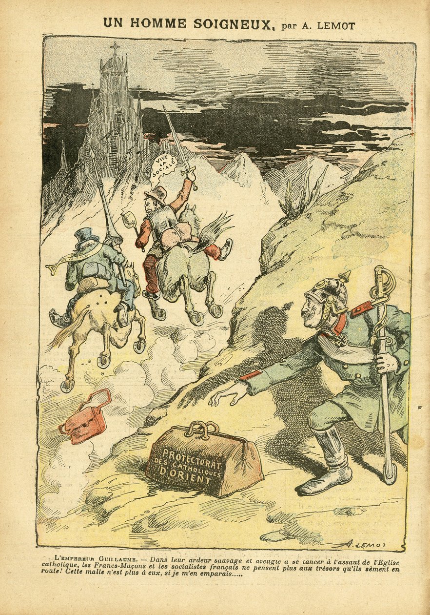 Le Pelerin杂志中Achille Lemot（1846-1909）的插图，28/05/05 - 一个小心翼翼的人 - 反教会主义, 社会, 殖民主义 殖民主义, 法国-马克思主义, 东方, 宗教信仰, 左翼集团, 社会主义, 东方天主教的保护国, 天主教的猫 作者 阿基里·莱莫特（Achille Lemot）