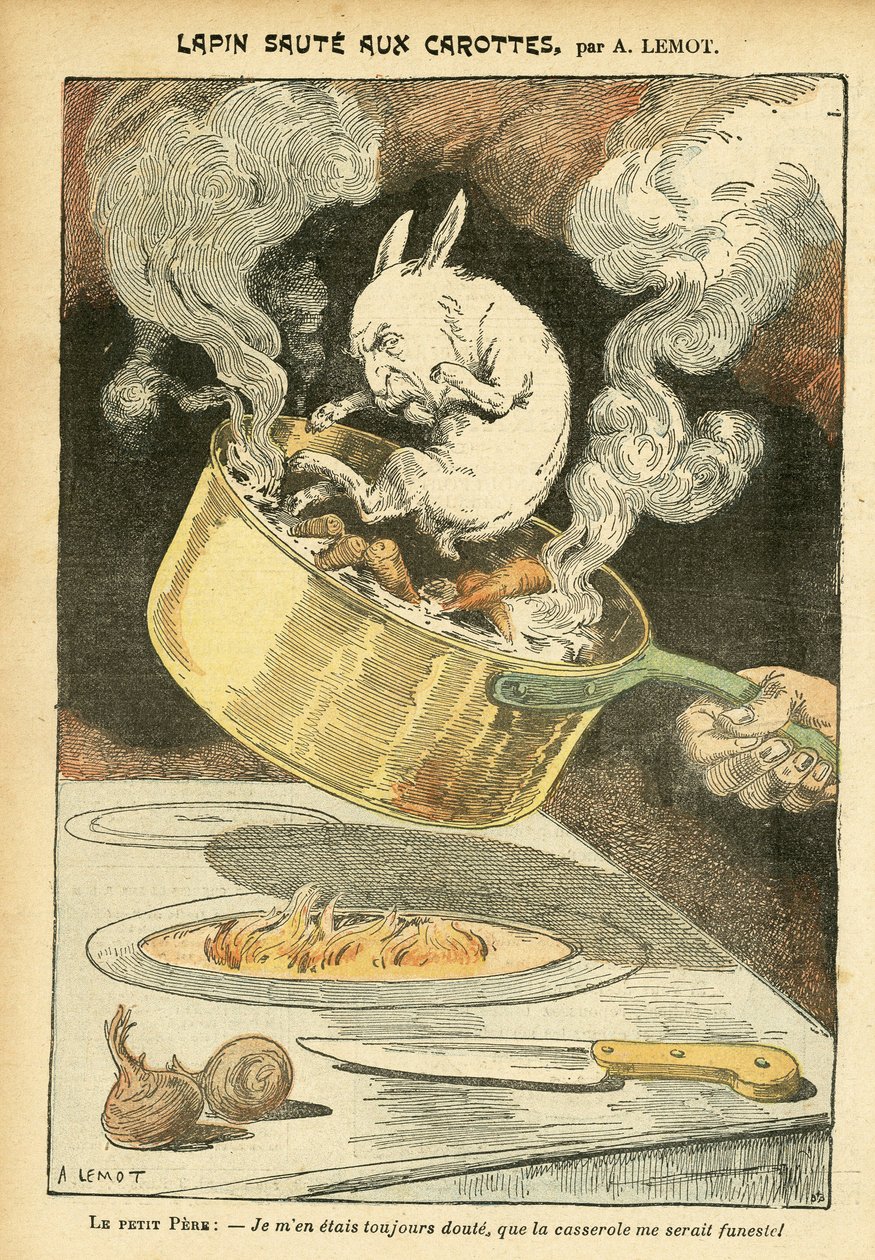 2005年1月29日《Le Pelerin》中Achille Lemot（1846-1909）的插图--兔子与胡萝卜 - Affaire des fiche, Gastronomie cuisine - Combes Emile（1835-1921）, Rabbit - Saucepan - Food metaphor, Animalisation 作者 阿基里·莱莫特（Achille Lemot）
