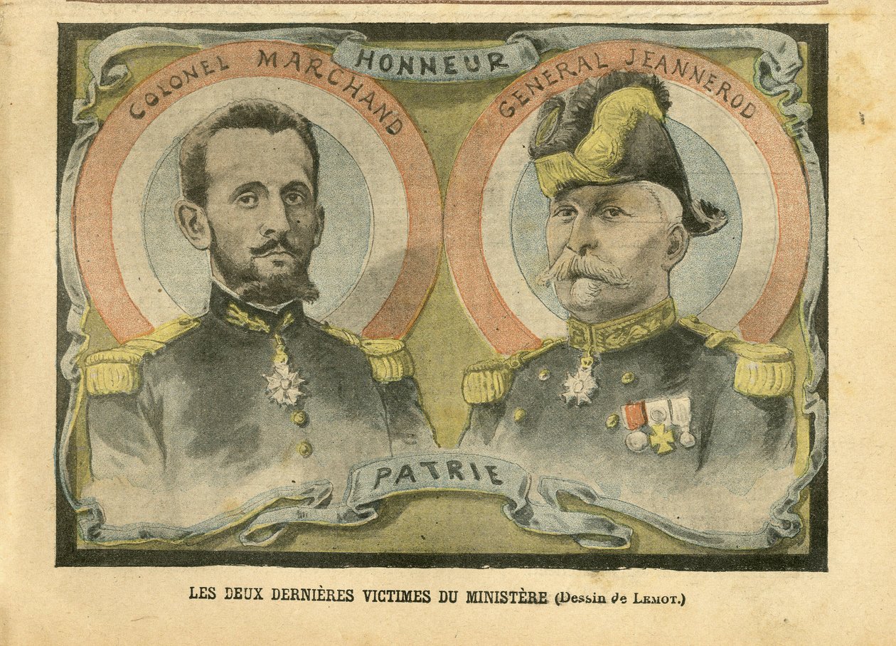 2004年5月29日《Le Pelerin》中的Achille Lemot（1846-1909）的插图 - 部长的最后两个受害者 - 军队，战争部长，爱国主义 - Laicisation Laicite Lois laiques - Marchand Jean-Baptiste（1863-1924）, General Generaux, Jeannerod Gaspa 作者 阿基里·莱莫特（Achille Lemot）