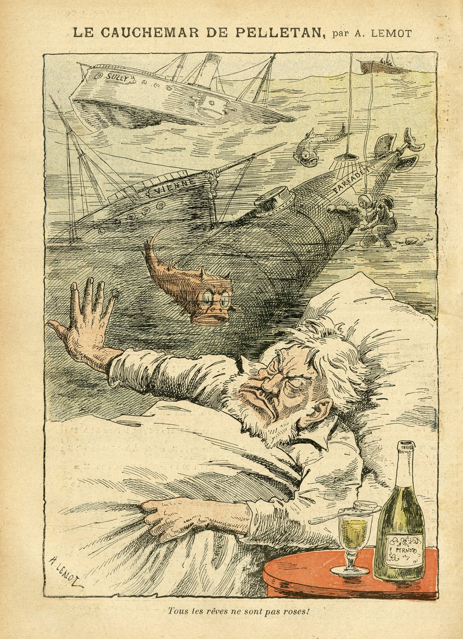 Achille Lemot（1846-1909）在Le Pelerin的插图，30/07/05 - Pelletan的噩梦 - 各种事实, Armee, Marine Marine Seaside, Submarine, Disaster Accidents, Alcoholic Alcoholic, Farfadet, Sully, Warships - Fish, Pelletan Cam 作者 阿基里·莱莫特（Achille Lemot）