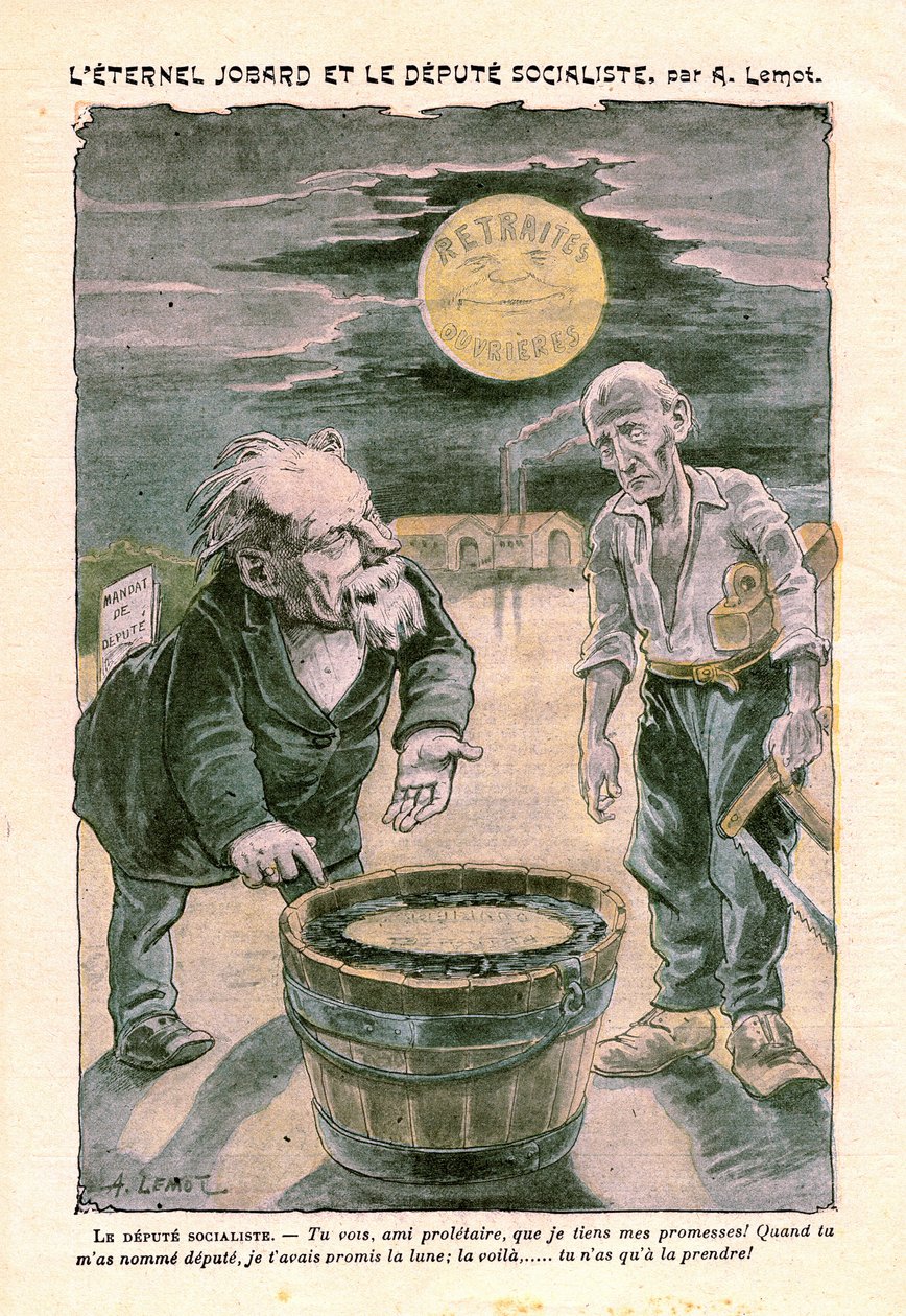 社会主义代表向贫穷的无产者（木匠）承诺月亮（退休），载于《Le Pelerin》，天主教周刊N°1391，1903年8月30日，A. Lemot（绘图）。 作者 阿基里·莱莫特（Achille Lemot）